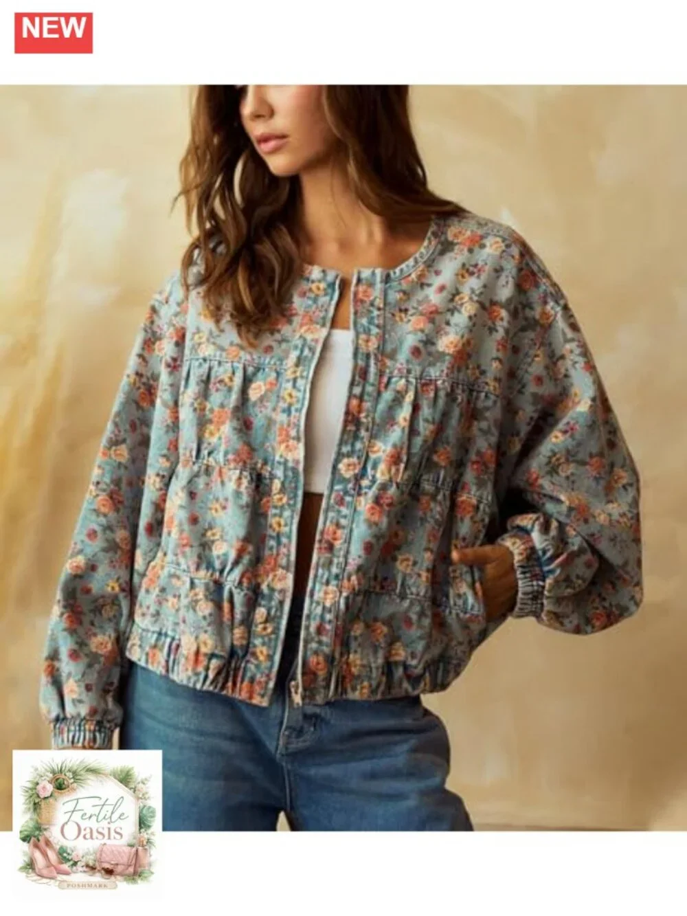 Oversized Floral Denim Bomber Jacket Y2K Trendy Lightweight